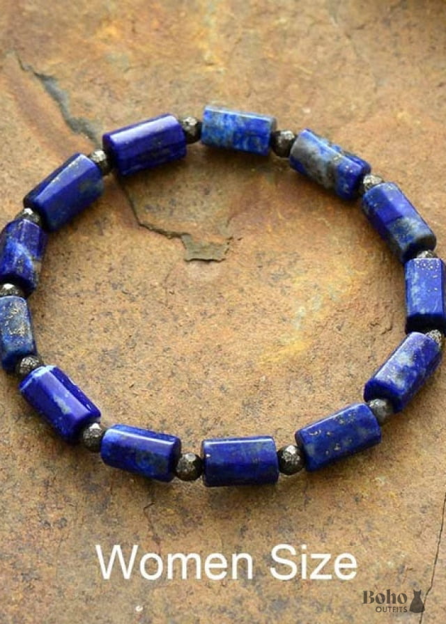 Boho Bracelet Stretchy Blue Lapis and Purple Amethyst