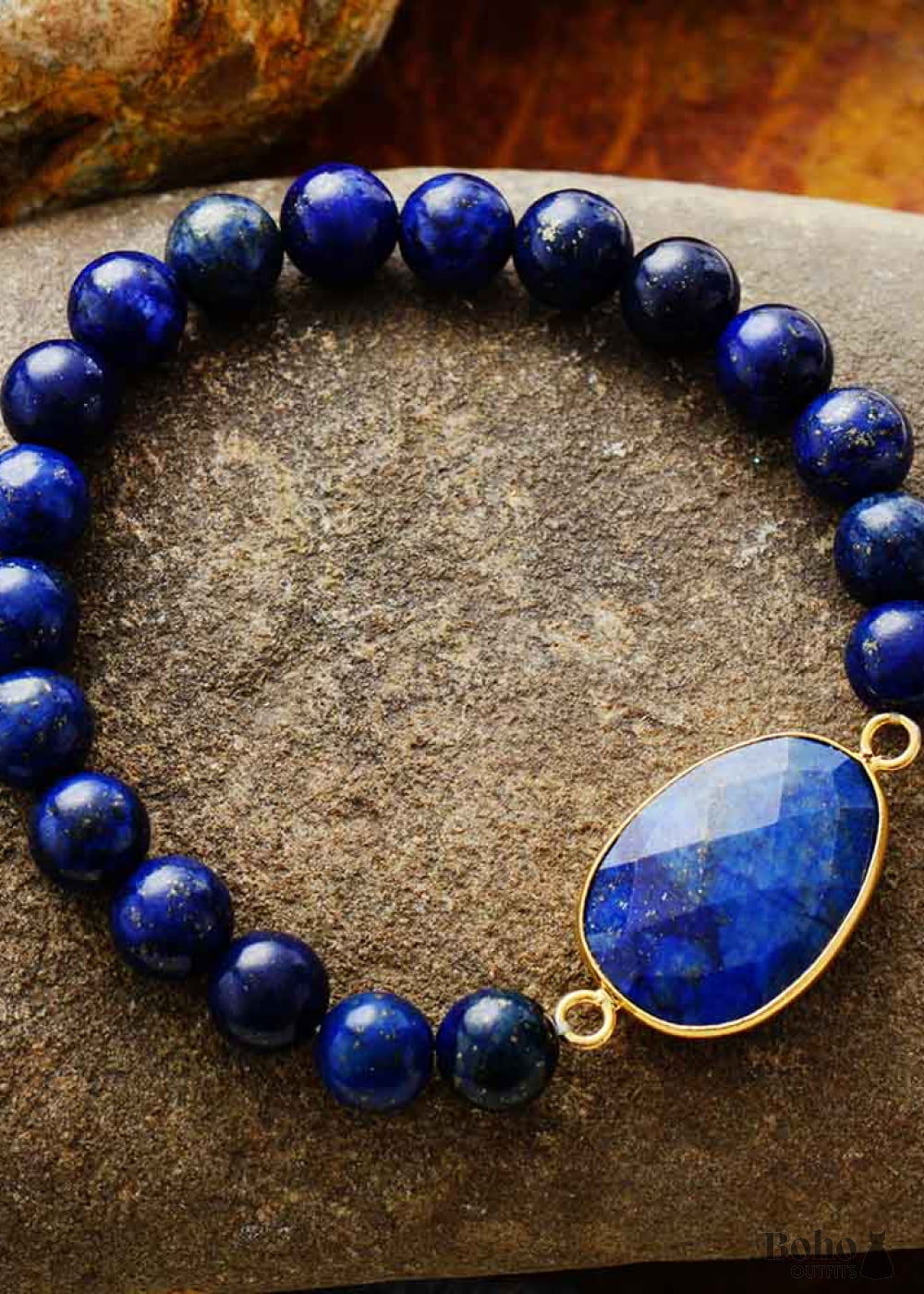 Boho Bracelet Stretchy Blue Lapis Luzuli and Black Agate