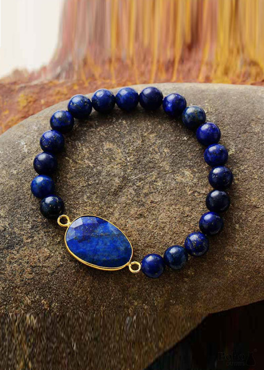 Boho Bracelet Stretchy Blue Lapis Luzuli and Black Agate