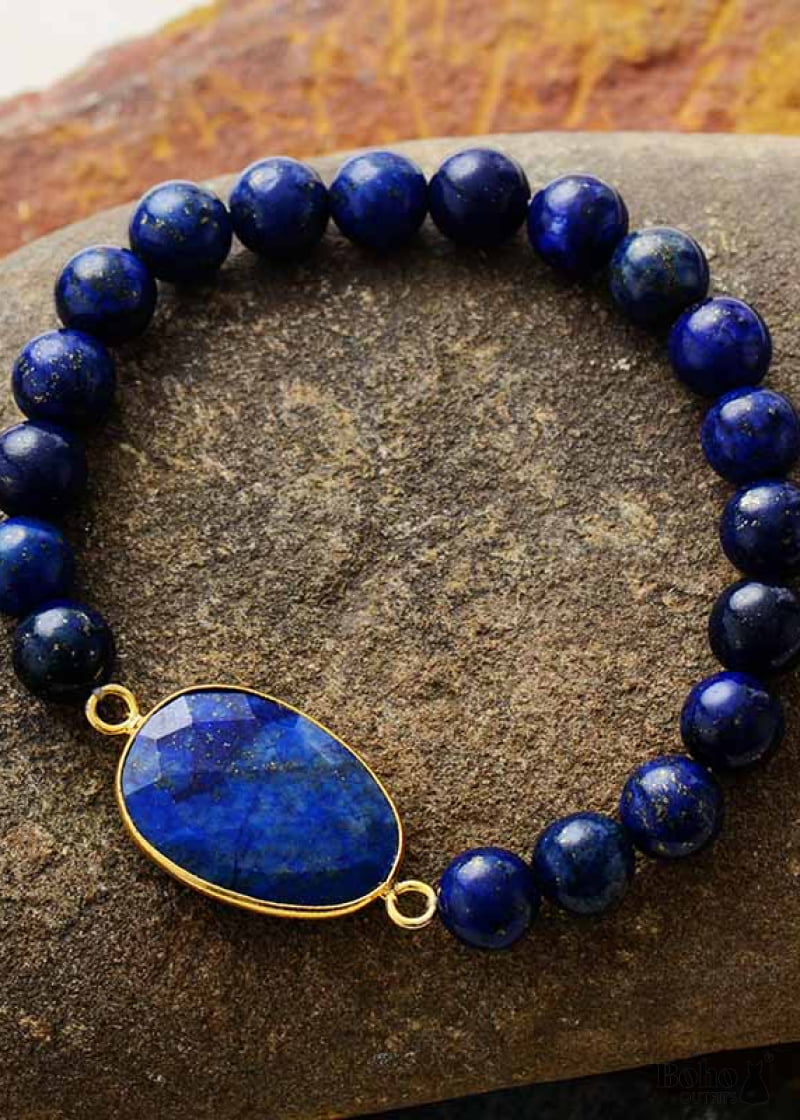 Boho Bracelet Stretchy Blue Lapis Luzuli and Black Agate