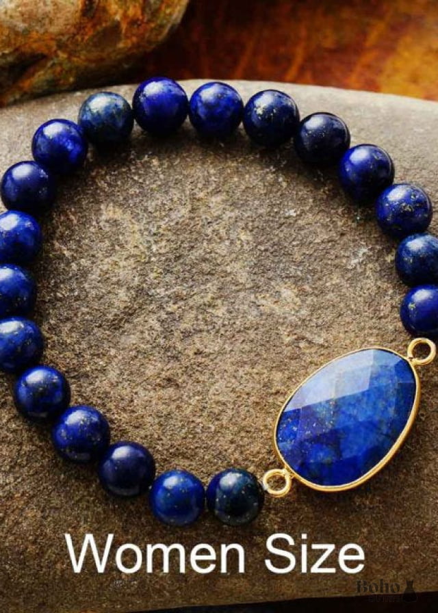 Boho Bracelet Stretchy Blue Lapis Luzuli and Black Agate