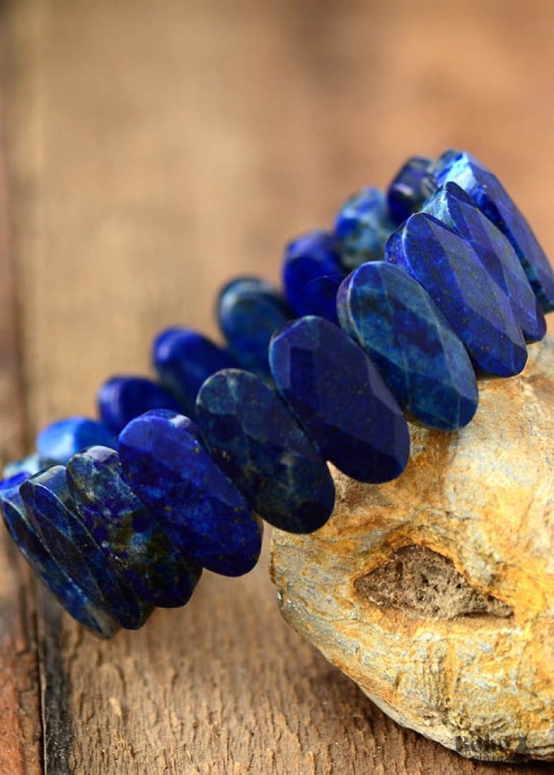 Boho Bracelet Stretchy Blue Lapis Luzuli and Purple