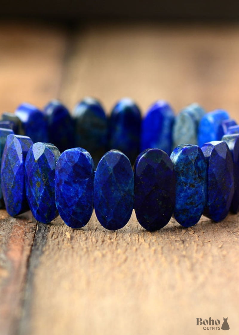 Boho Bracelet Stretchy Blue Lapis Luzuli and Purple