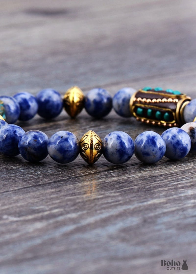 Boho Bracelet Stretchy Blue Sodalite Nepal - Jewelry