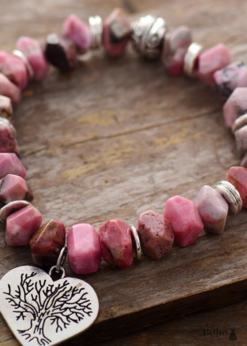 Boho Bracelet Stretchy Bracelet, Pink Heart Rhodonite