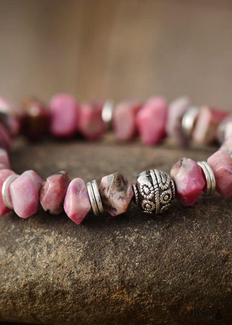 Boho Bracelet Stretchy Bracelet, Pink Heart Rhodonite