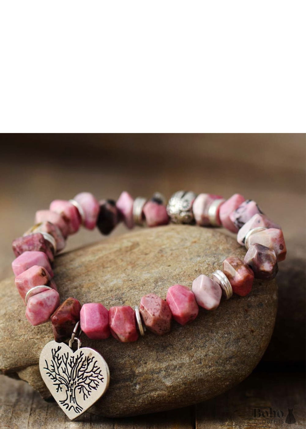 Boho Bracelet Stretchy Bracelet, Pink Heart Rhodonite