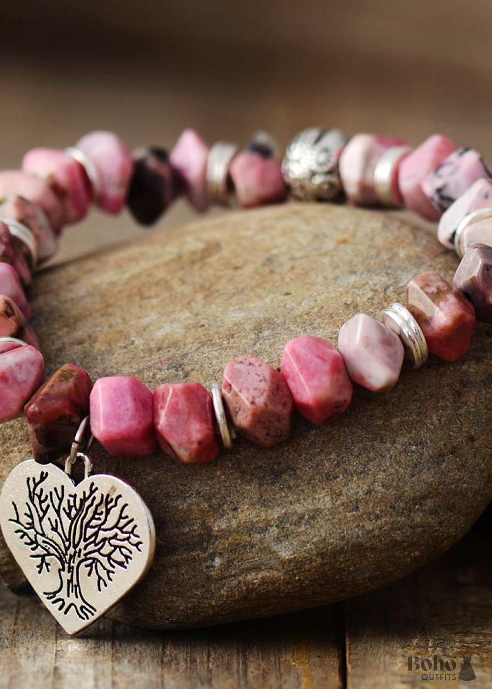 Boho Bracelet Stretchy Bracelet, Pink Heart Rhodonite