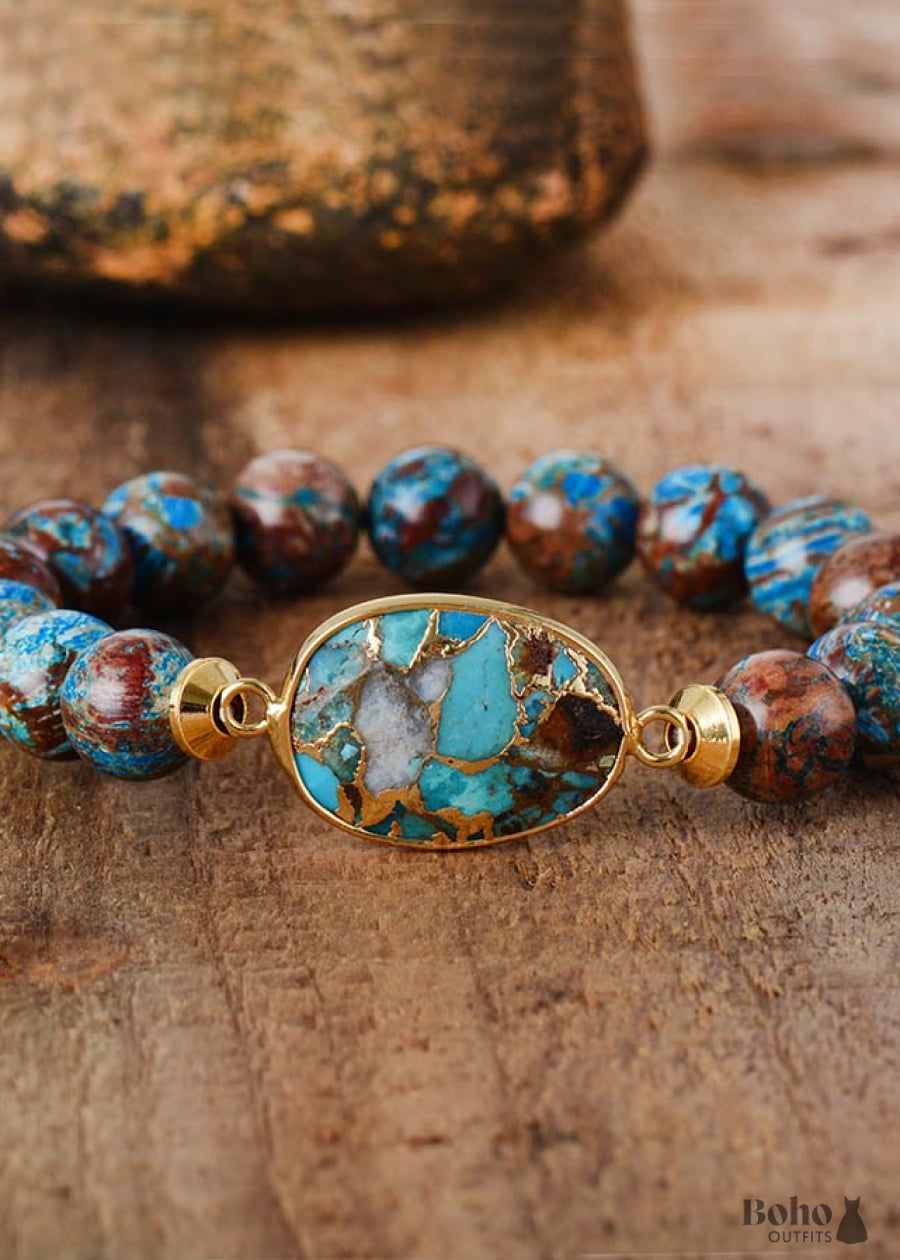 Boho Bracelet Stretchy Brown Blue 10mm Bronzite Stone