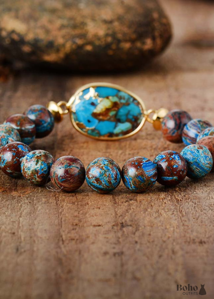 Boho Bracelet Stretchy Brown Blue 10mm Bronzite Stone