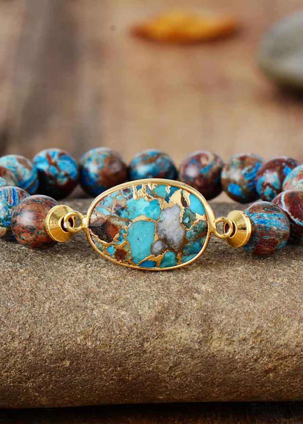 Boho Bracelet Stretchy Brown Blue 10mm Bronzite Stone