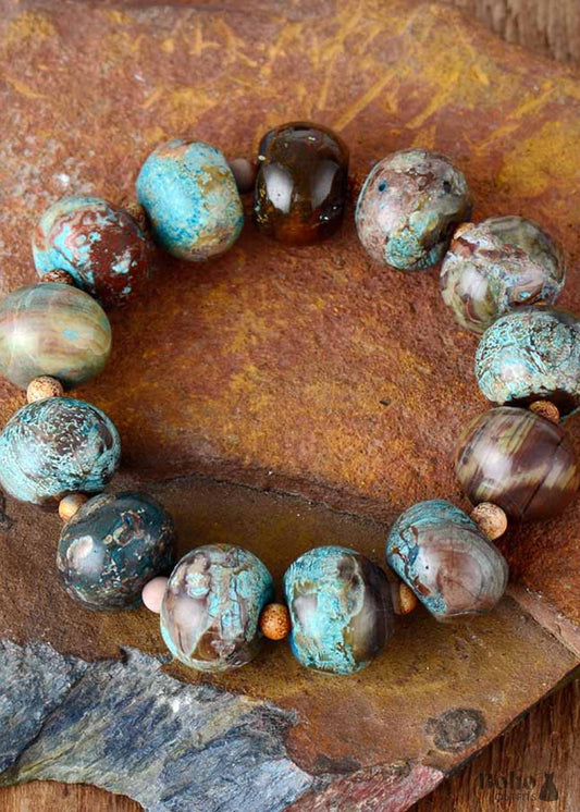 Boho Bracelet Stretchy Brown Blue Tibetan Ball - Jewelry