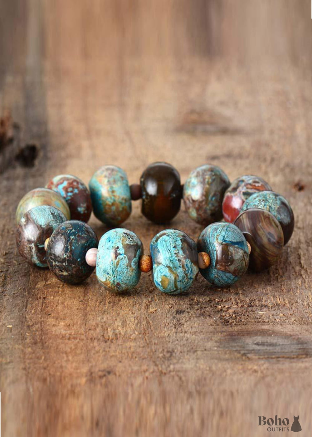 Boho Bracelet Stretchy Brown Blue Tibetan Ball - Jewelry