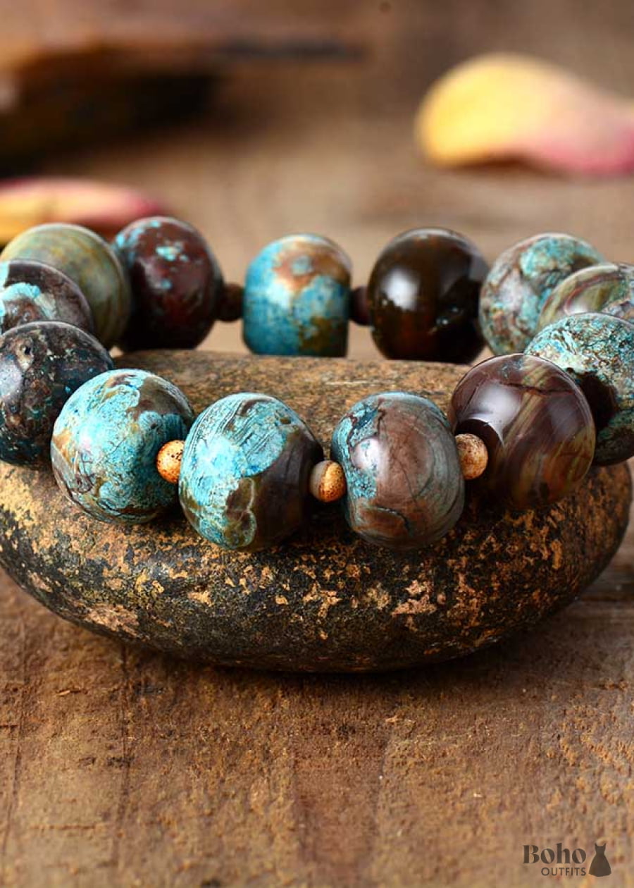 Boho Bracelet Stretchy Brown Blue Tibetan Ball - Jewelry