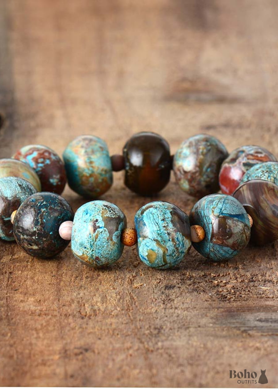 Boho Bracelet Stretchy Brown Blue Tibetan Ball - Jewelry