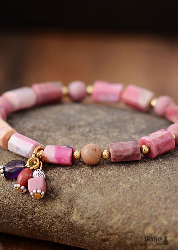 Boho Bracelet Stretchy Pink and Blue Rhodonite - Jewelry