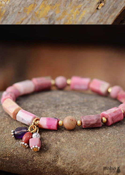 Boho Bracelet Stretchy Pink and Blue Rhodonite - Jewelry