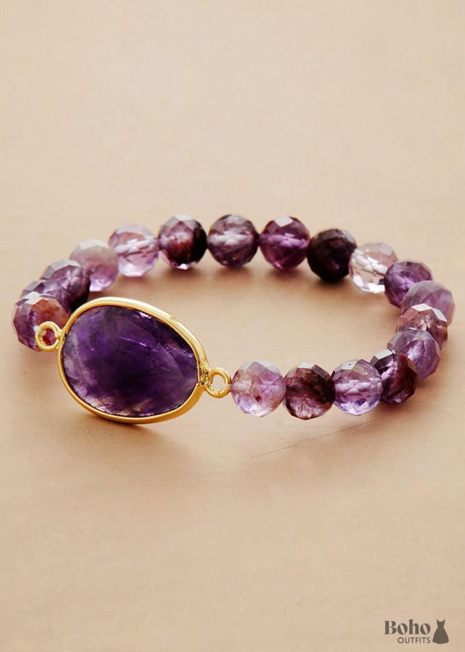 Boho Bracelet Stretchy Purple Phantom and Amethyst - Jewelry