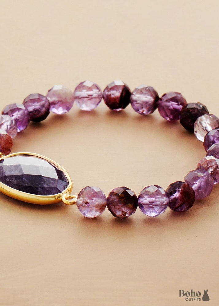 Boho Bracelet Stretchy Purple Phantom and Amethyst - Jewelry