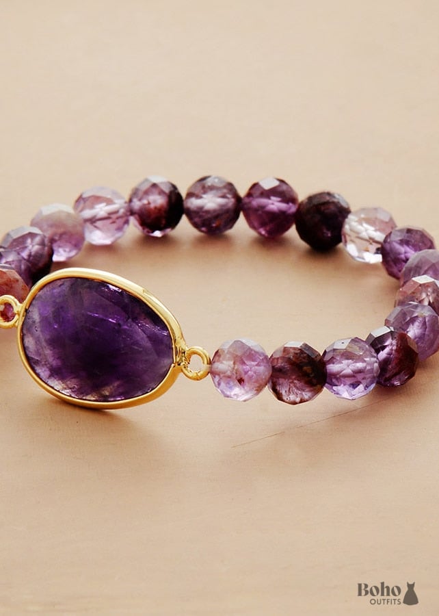 Boho Bracelet Stretchy Purple Phantom and Amethyst - Jewelry