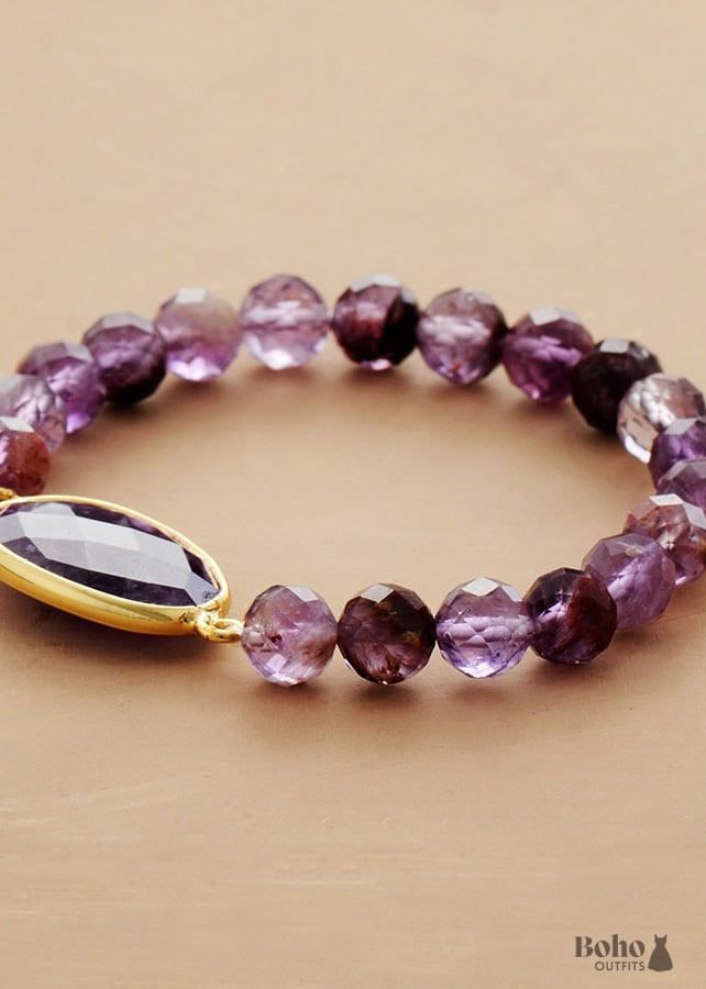 Boho Bracelet Stretchy Purple Phantom and Amethyst - Jewelry