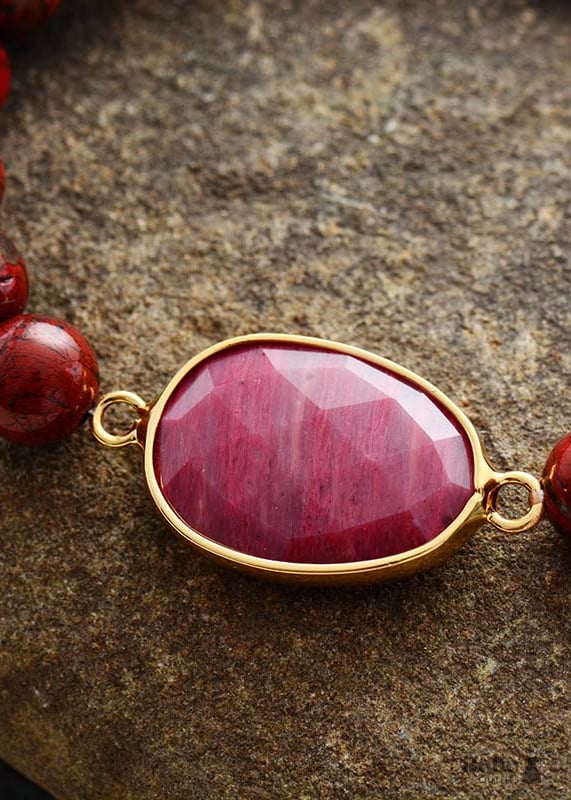 Boho Bracelet Stretchy Red Rhodonite and Jasper - Jewelry