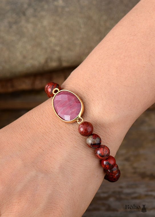 Boho Bracelet Stretchy Red Rhodonite and Jasper - Jewelry