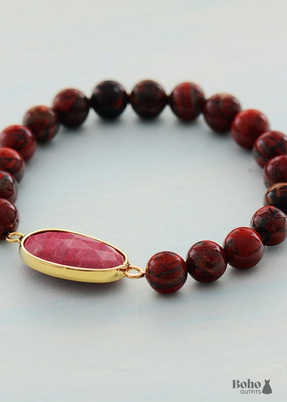 Boho Bracelet Stretchy Red Rhodonite and Jasper - Jewelry