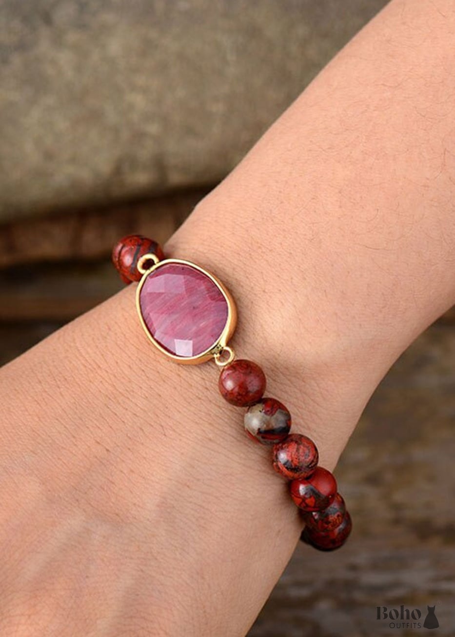 Boho Bracelet Stretchy Red Rhodonite and Jasper - Jewelry