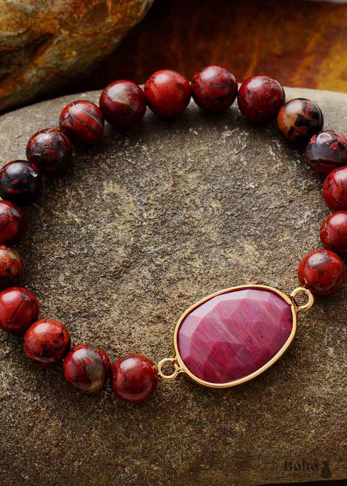 Boho Bracelet Stretchy Red Rhodonite and Jasper - Jewelry