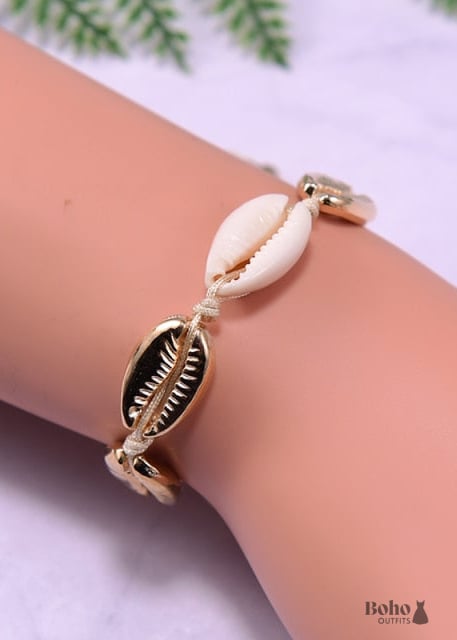 Boho Bracelet White Puka Shell Sea - 20ky1133-10 Gold -