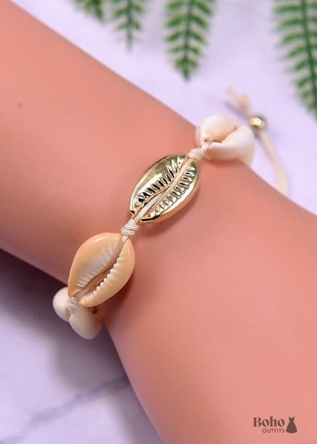 Boho Bracelet White Puka Shell Sea - 20ky1133-12 Gold -