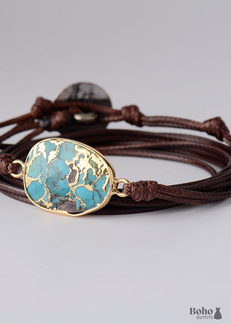 Boho Bracelet Wrap Blue Turquoise - Brown - Jewelry