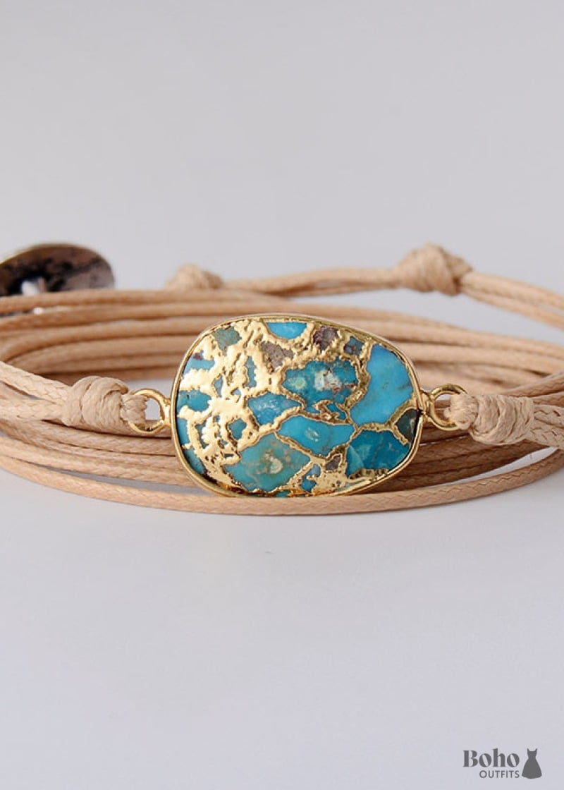 Boho Bracelet Wrap Blue Turquoise - Tan - Jewelry