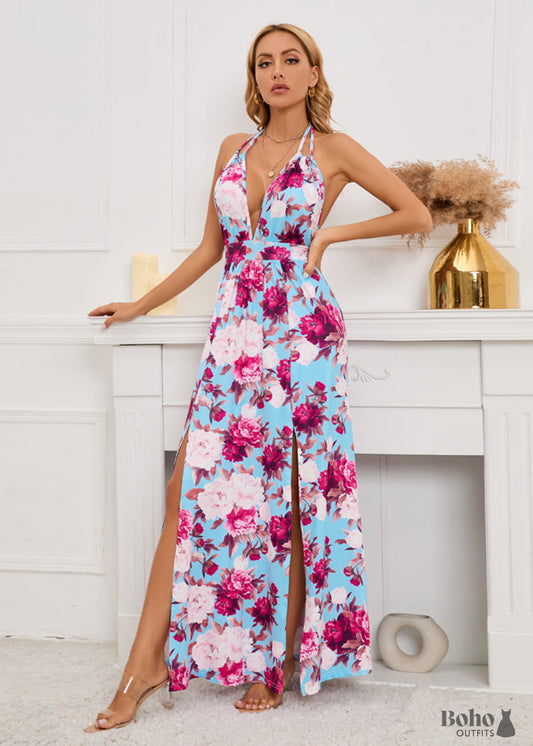 Boho Deep V-neck Blue Maxi Dress Eloise - S / Dresses