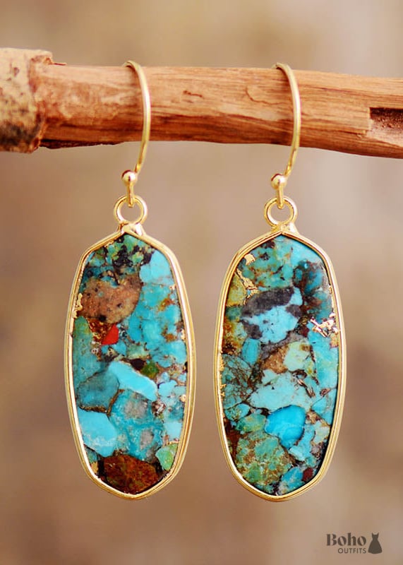 Boho Earrings Dangle Arial Turquoises Earring - Gold -