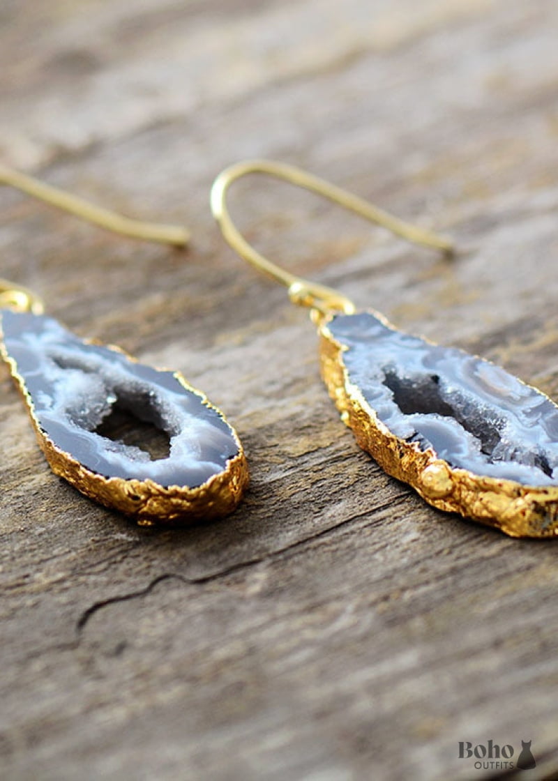 Boho Earrings Dangle Black Druzy - Gold Color - Jewelry