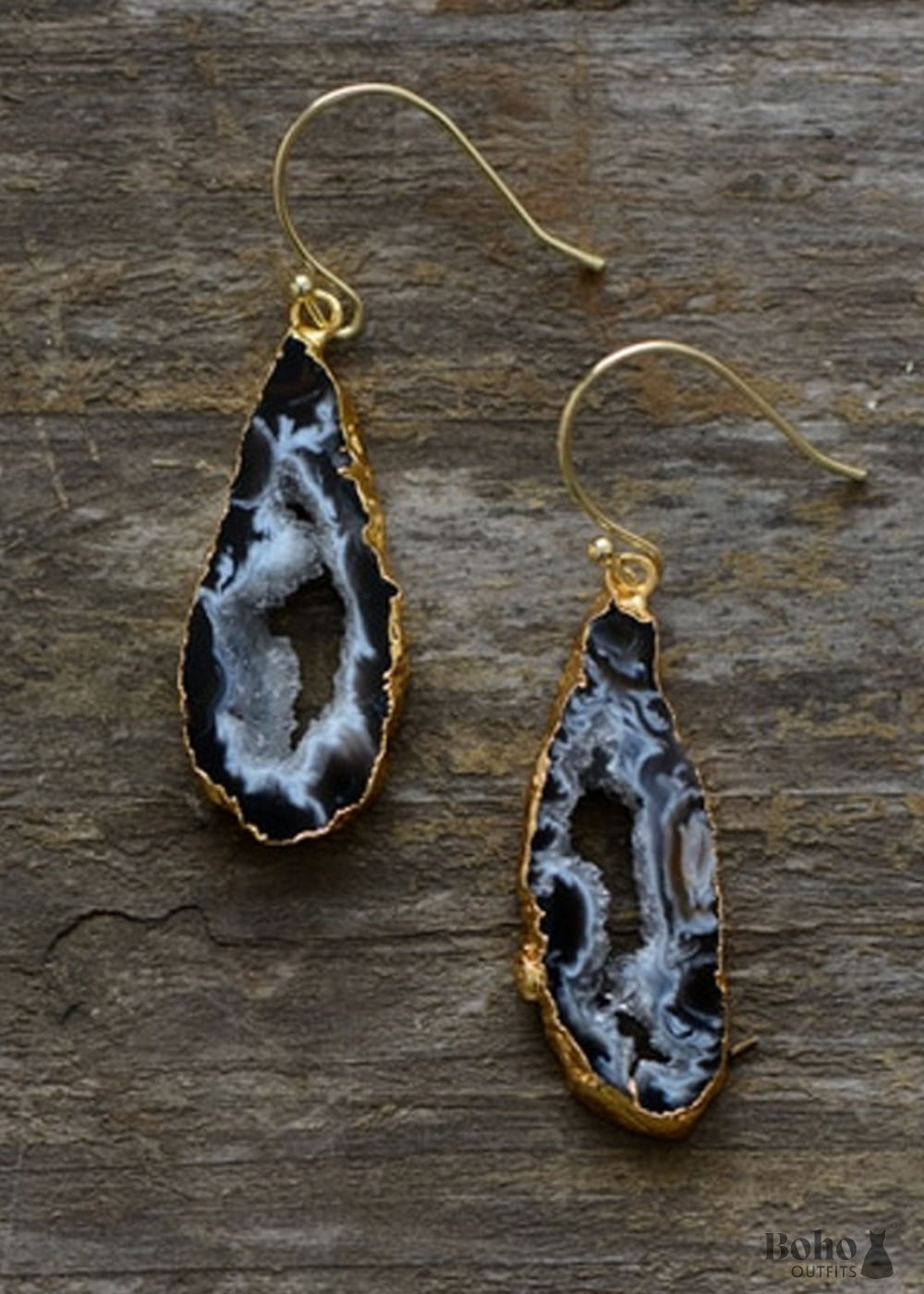 Boho Earrings Dangle Black Druzy - Jewelry