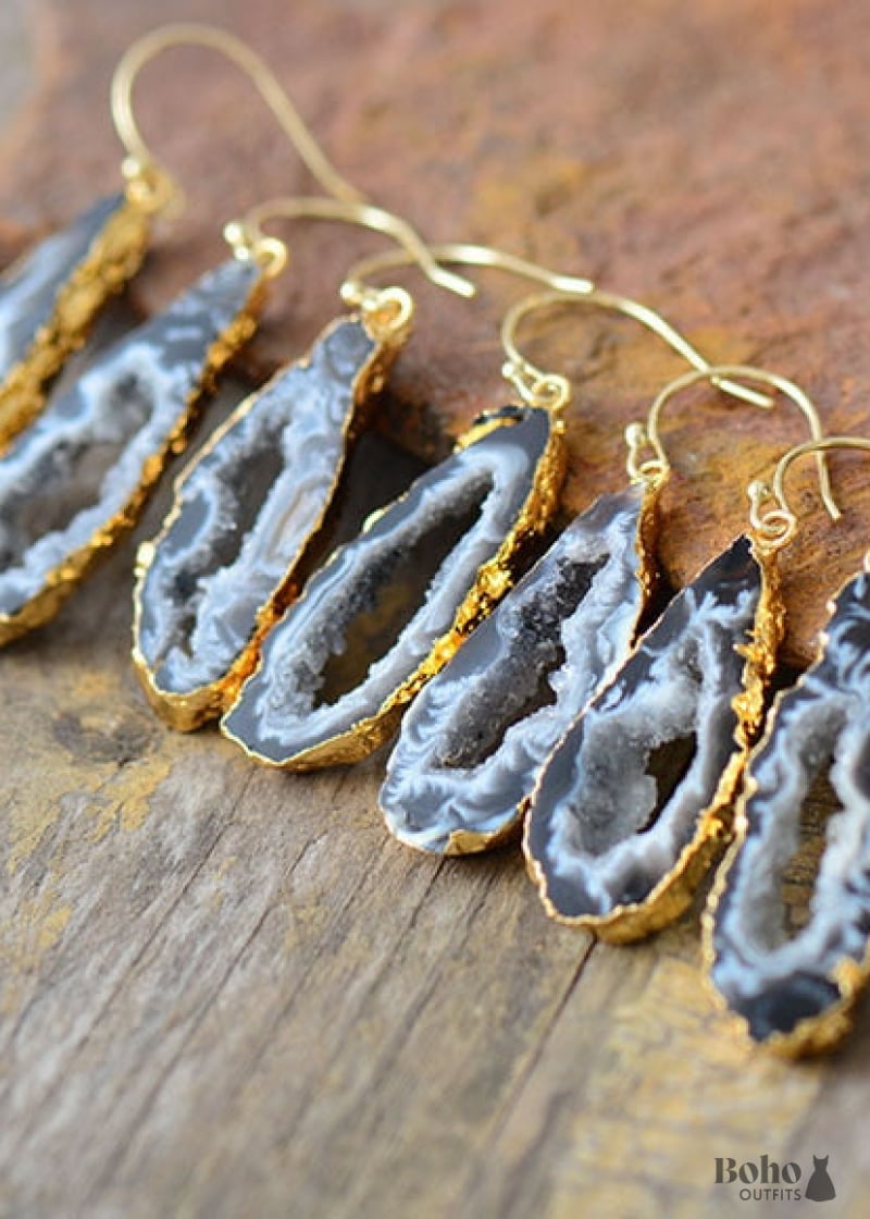 Boho Earrings Dangle Black Druzy - Jewelry