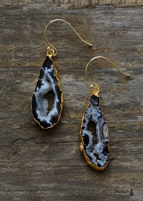 Boho Earrings Dangle Black Druzy - Jewelry