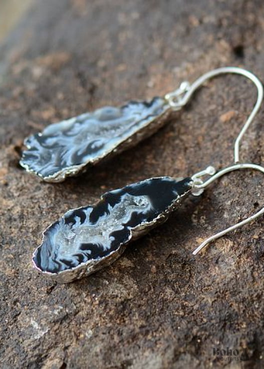 Boho Earrings Dangle Black Druzy - Jewelry