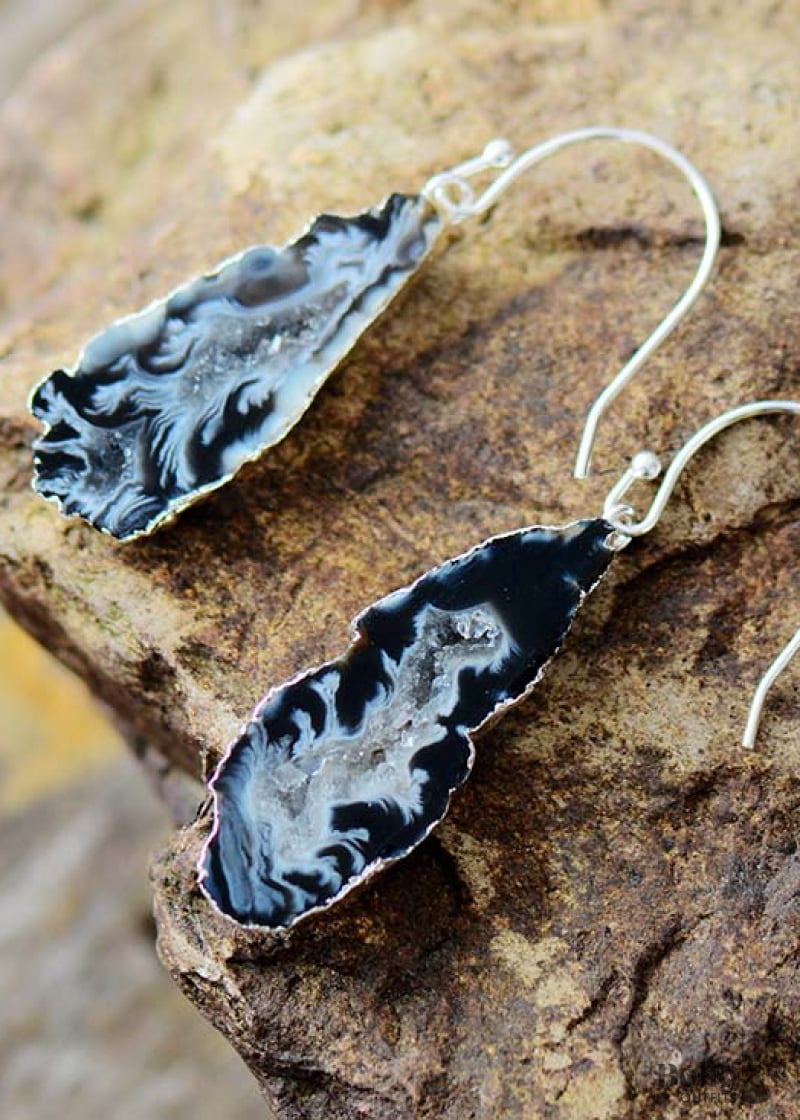 Boho Earrings Dangle Black Druzy - Silver Color - Jewelry