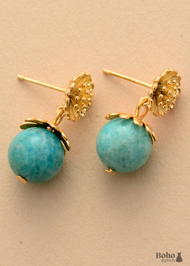 Boho Earrings Dangle Blue Amazonite Gold Flower - Jewelry