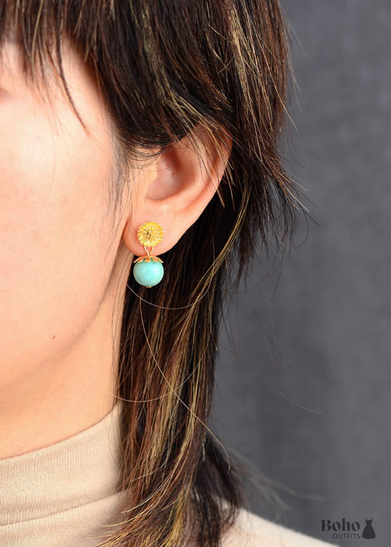 Boho Earrings Dangle Blue Amazonite Gold Flower - Jewelry