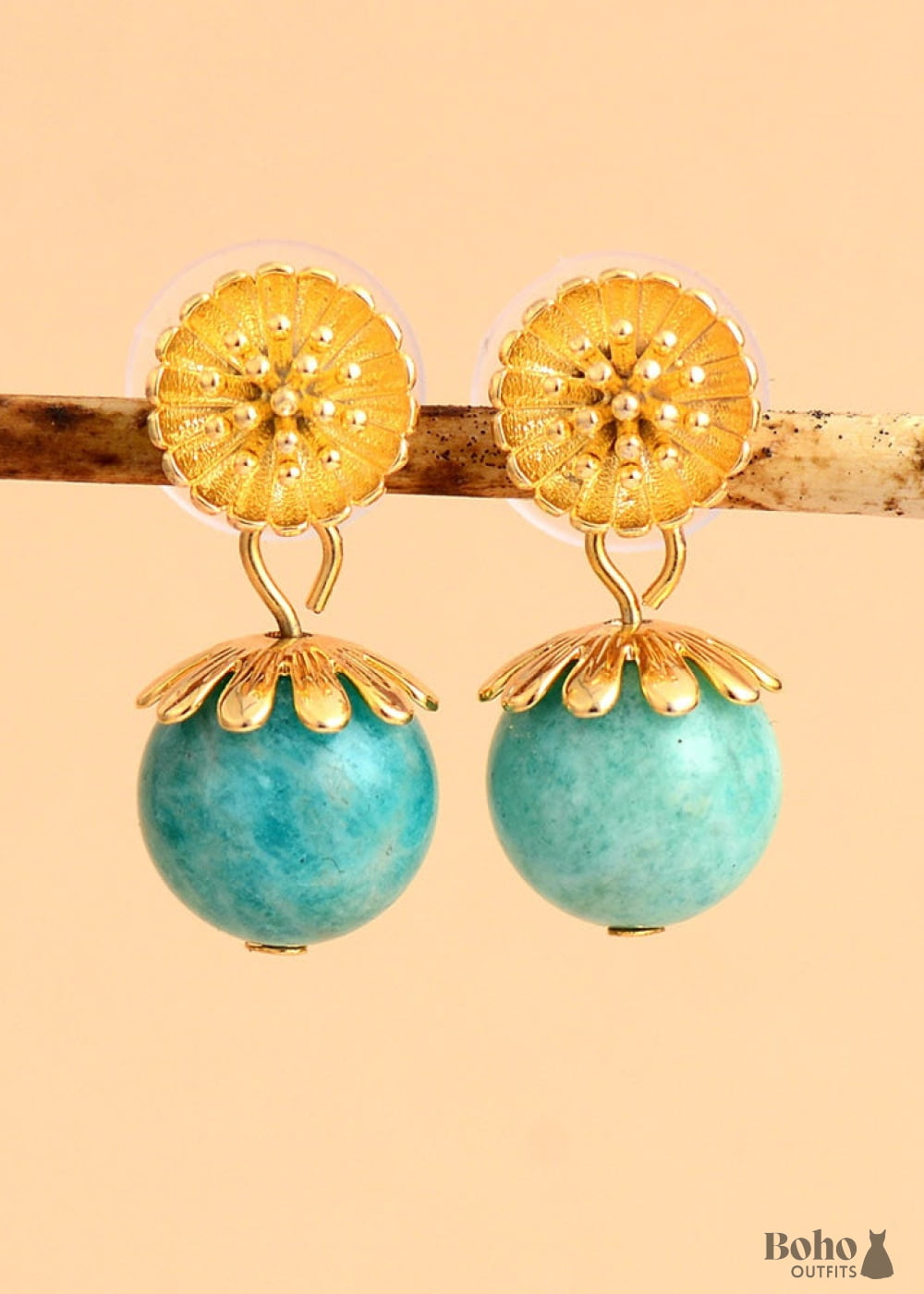 Boho Earrings Dangle Blue Amazonite Gold Flower - Jewelry