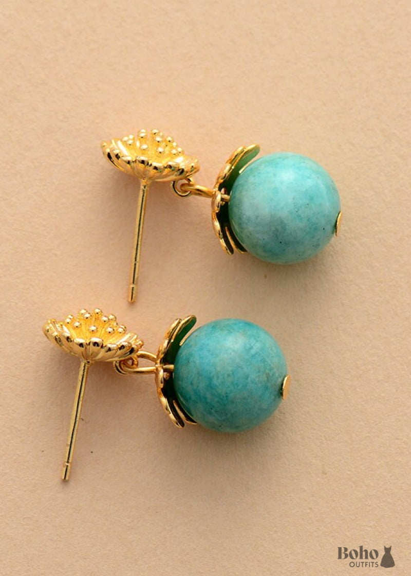 Boho Earrings Dangle Blue Amazonite Gold Flower - Jewelry