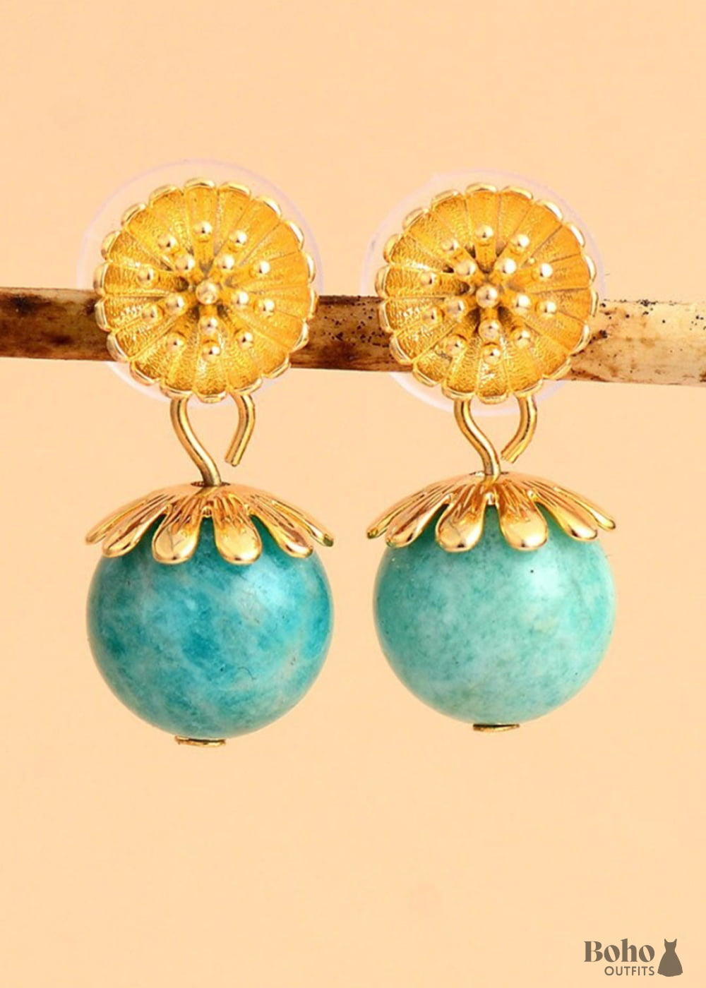 Boho Earrings Dangle Blue Amazonite Gold Flower - Jewelry