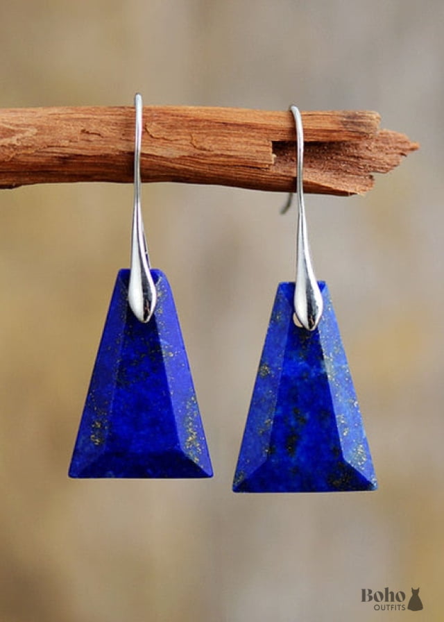 Boho Earrings Dangle Blue and Green Trapezoid - Lapis