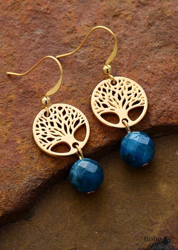 Boho Earrings Dangle Blue Apatite Gold Tree of Life -