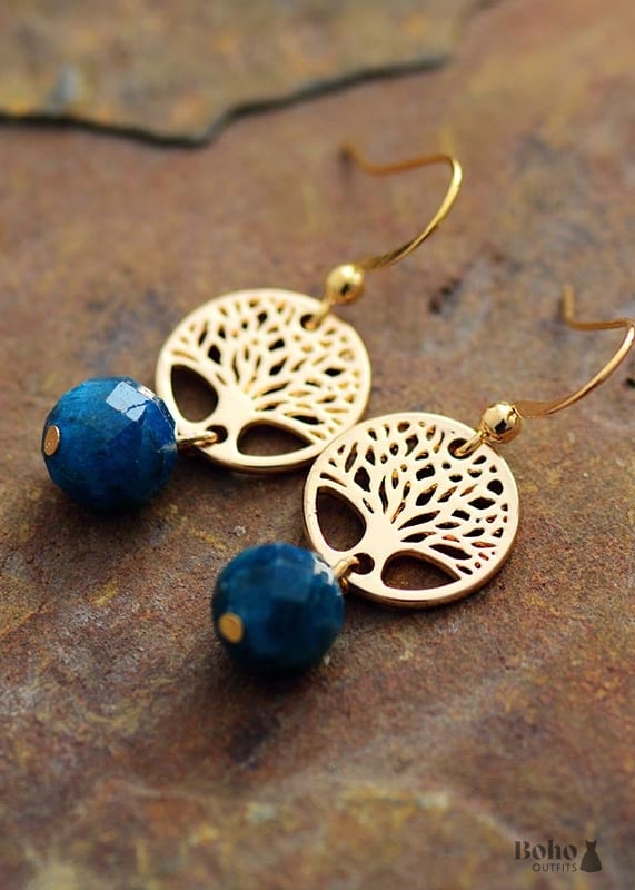 Boho Earrings Dangle Blue Apatite Gold Tree of Life -